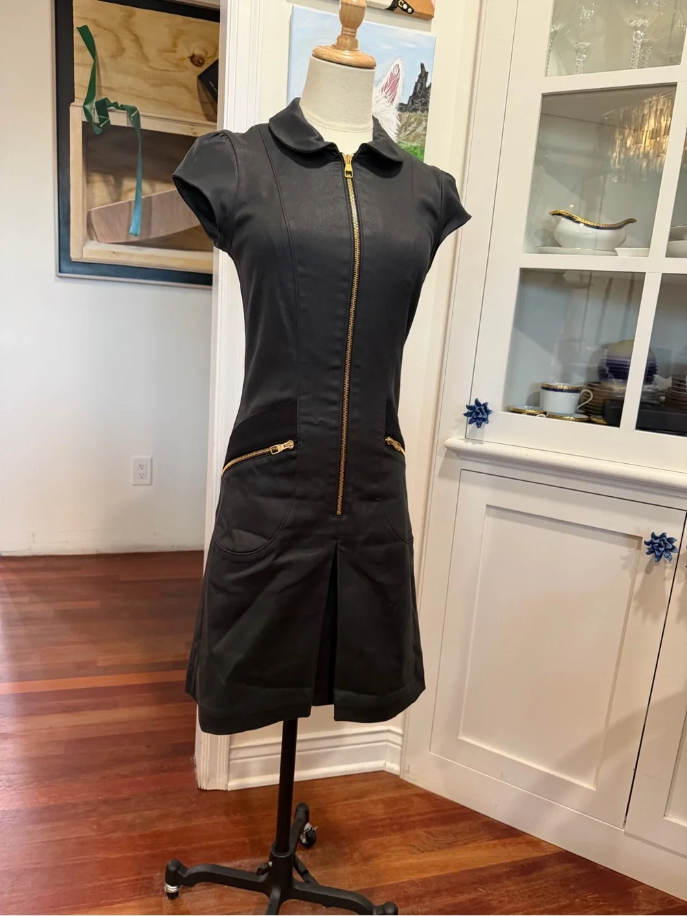 Louis Vuitton Black Short-Sleeve Zip-Front Mini Dress with Gold Accents